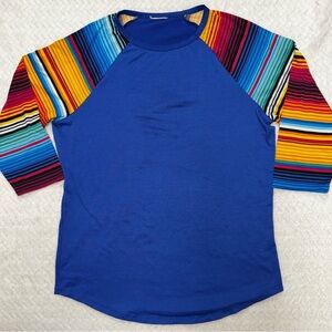 Cobalt Raglan 3/4 Sleeve T-Shirt with Serape Style Striped Sleeves Medium